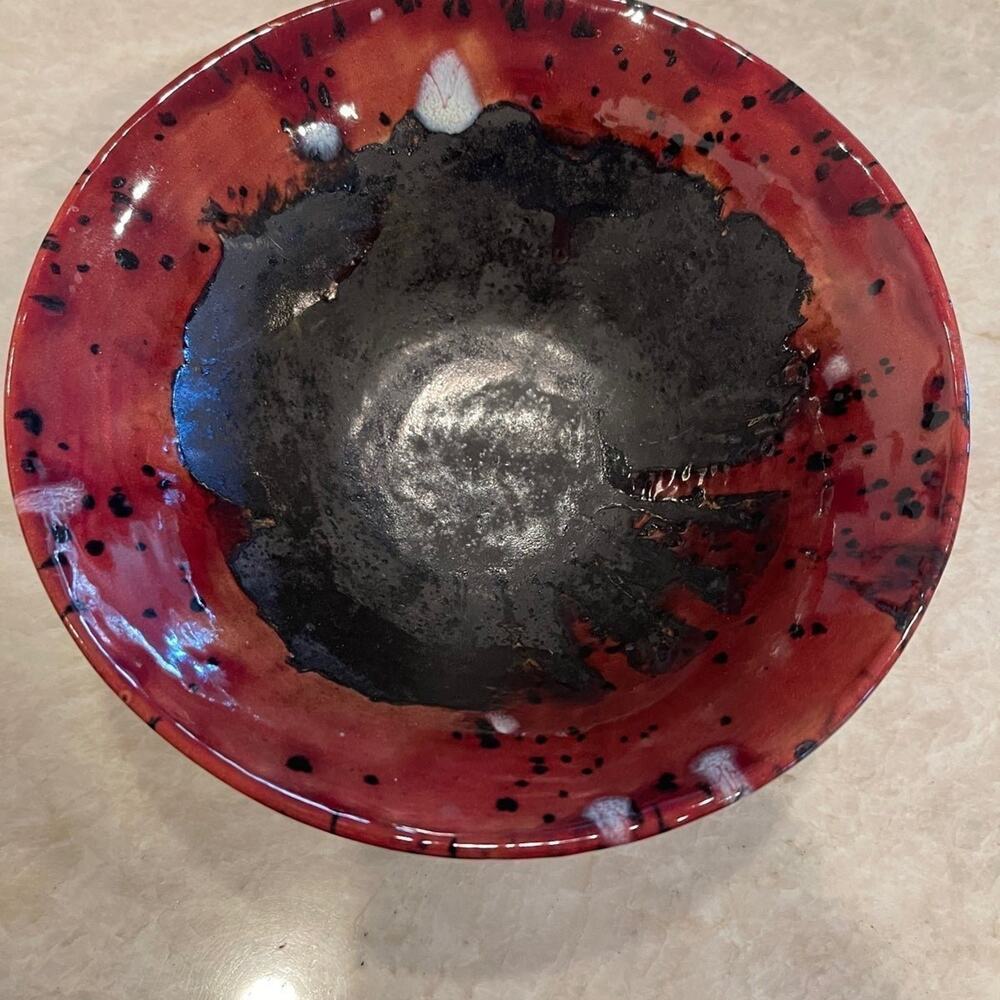 Art studio Pottery Raku Red bowl 8”